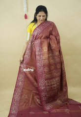Dual Shade Berry Wine - Soft Tissue Silk with Bandini Block Prints and 3D weaving Border